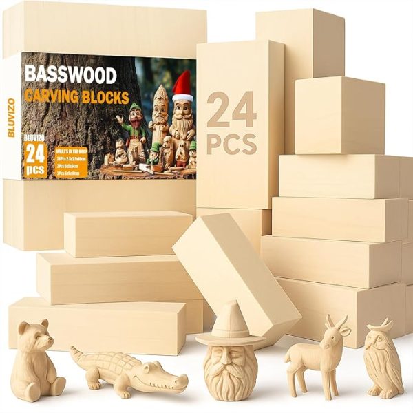 Basswood Carving Blocks 24PCS: Whittling Wood Blocks Wood Carving Kit with 3 Different Sizes - Soft Woodworking Blanks for Crafts Beginners Kids Adults