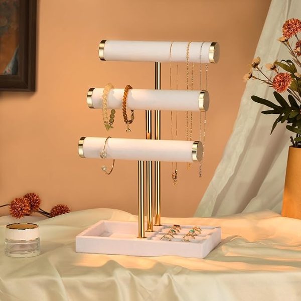 3 Tier Bracelet Holder Display - Detachable T Bar White Velvet Bracelet Holder, Jewelry Holder Organizer for Bracelet, Necklace, Watches, Rings - Image 5
