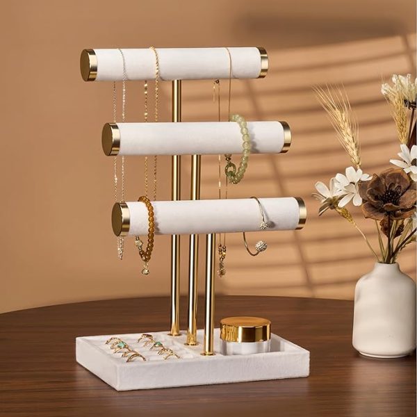 3 Tier Bracelet Holder Display - Detachable T Bar White Velvet Bracelet Holder, Jewelry Holder Organizer for Bracelet, Necklace, Watches, Rings - Image 2