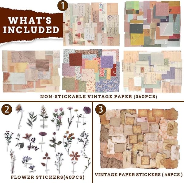 445 PCS Vintage Scrapbook Paper Journaling Scrapbooking Supplies Kit Aesthetic Decorative Craft Paper include 40 Sheet Flowers Stickers for Planner, Bullet Journaling, Junk Journal, Retro Crafts - Image 3